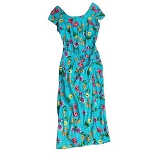 VTG My Michelle Bright Blue Tropical Floral Midi Dress Faux Wrap Skirt
